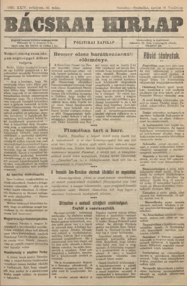 Bácskai Hirlap, 24. évf. 1920. április 18. 42. sz.