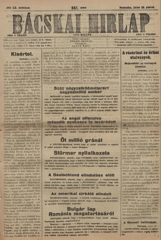 Bácskai Hirlap, 20. évf. 1916. július 28. 342. sz.