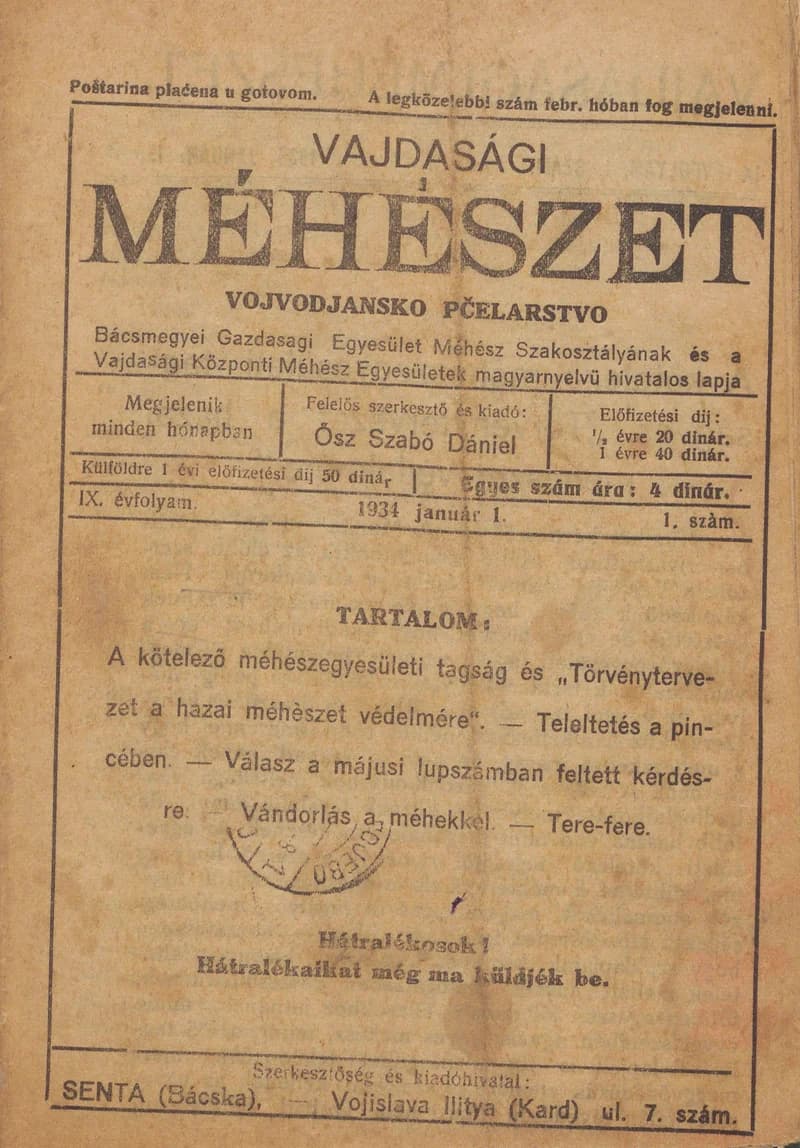 Vajdasági méhészet, 9. évf. 1934. január 1. 1. sz.