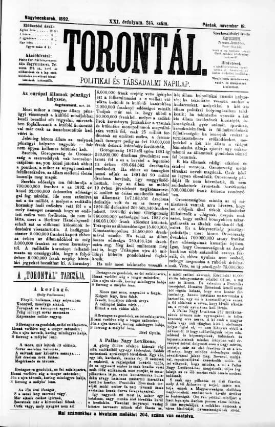 Torontál, 21. évf. 1892. november 18. 245. sz.