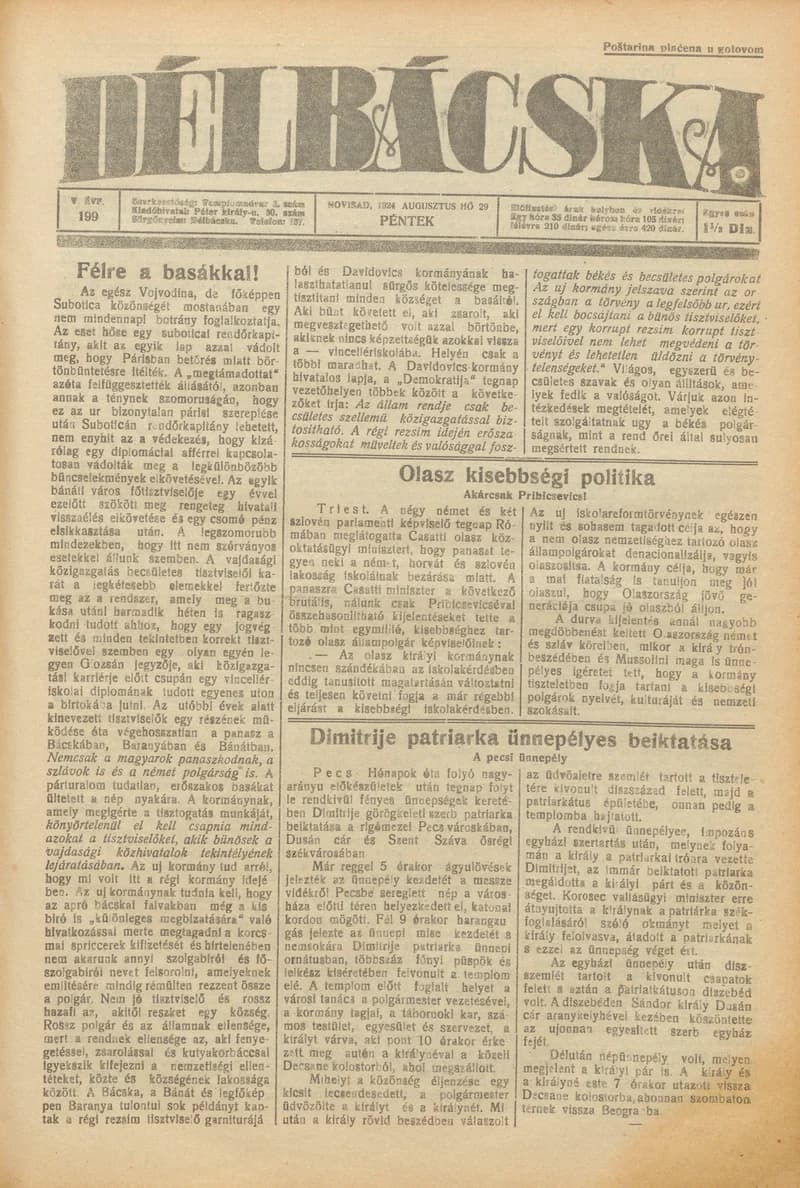 Délbácska, 5. évf. 1924. augusztus 29. 199. sz.