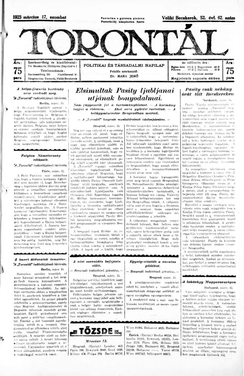Torontál, 52. évf. 1923. március 17. 62. sz.