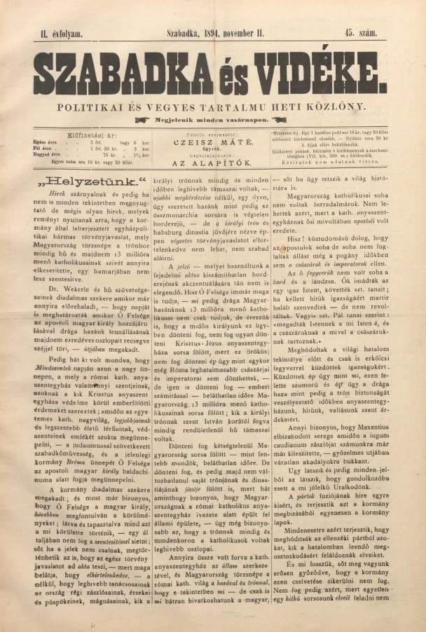 Szabadka és vidéke II, 2. évf. 1894. november 11. 45. sz.