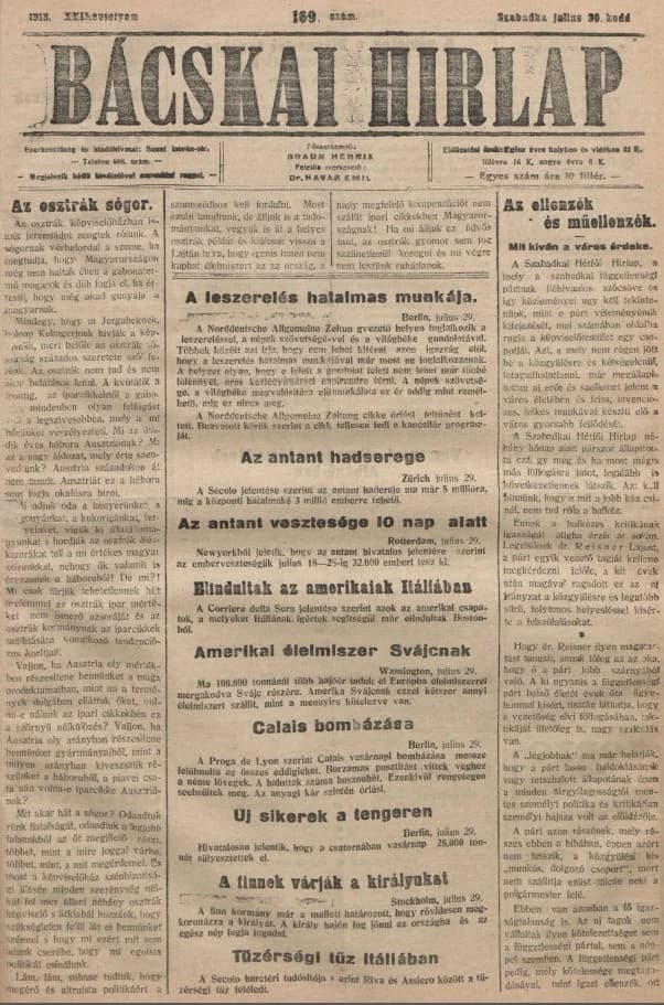 Bácskai Hirlap, 22. évf. 1918. július 30. 169. sz.