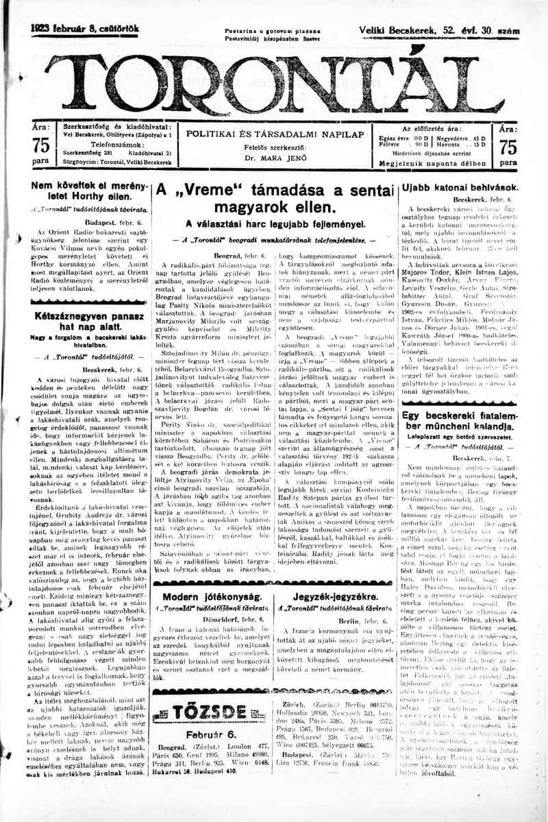 Torontál, 52. évf. 1923. február 8. 30. sz.