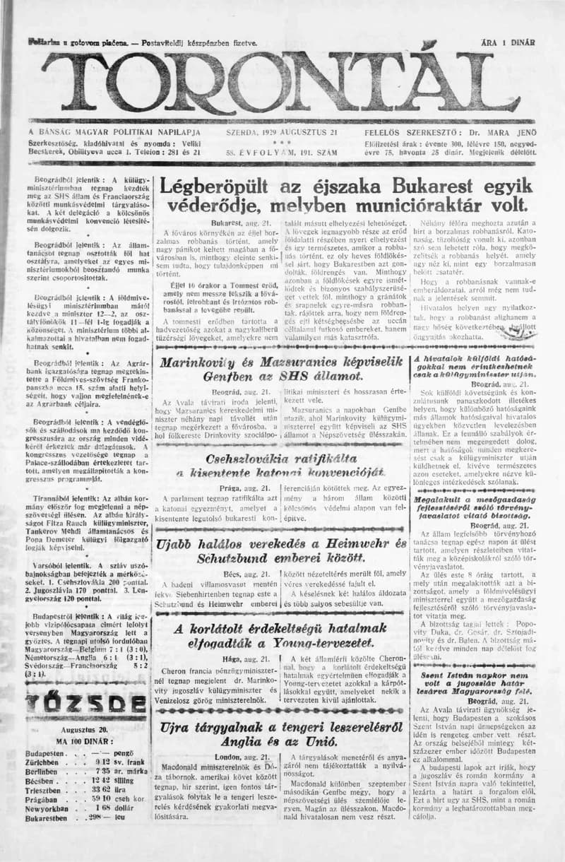 Torontál, 58. évf. 1929. augusztus 21. 191. sz.