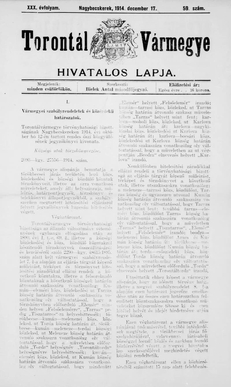 Torontál Vármegye Hivatalos Lapja, 30. évf. 1914. december 17. 59. sz.