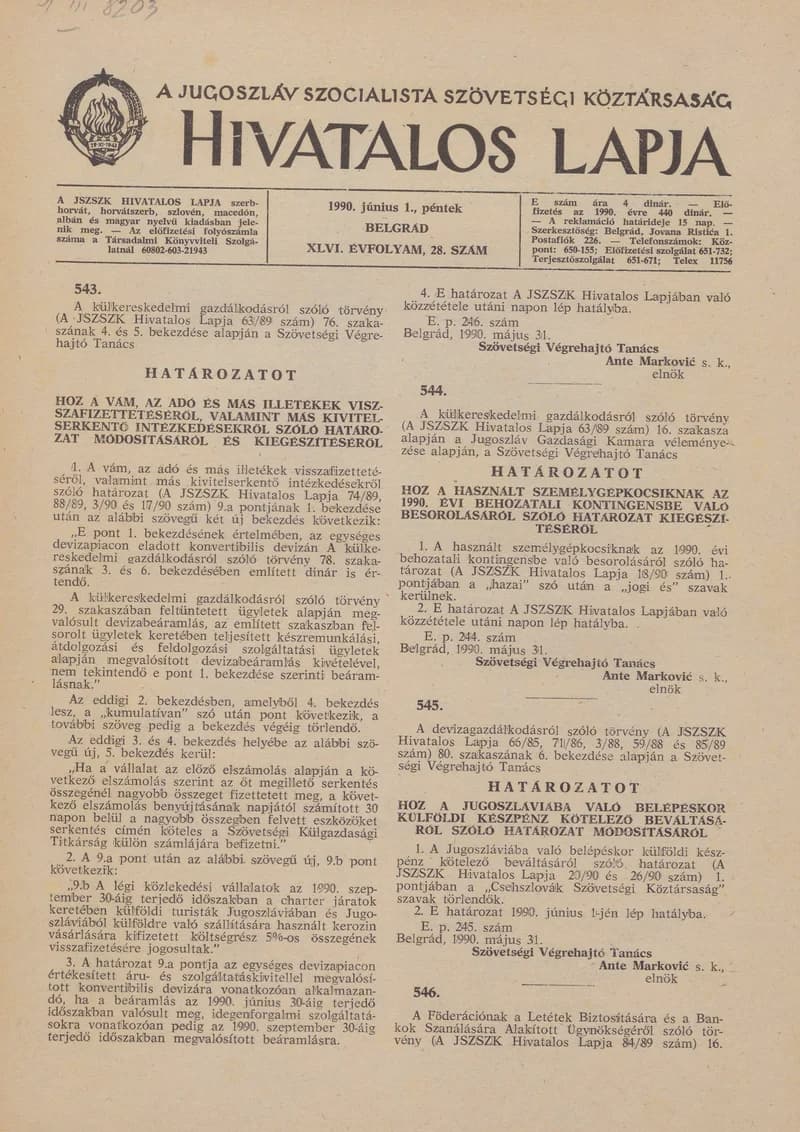A Jugoszláv Szocialista Szövetségi Köztársaság Hivatalos Lapja, 46. évf. 1990. június 1. 28. sz. 997–1008. oldal