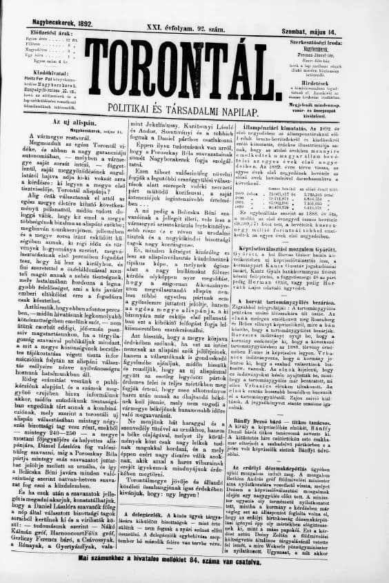 Torontál, 21. évf. 1892. május 14. 92. sz.