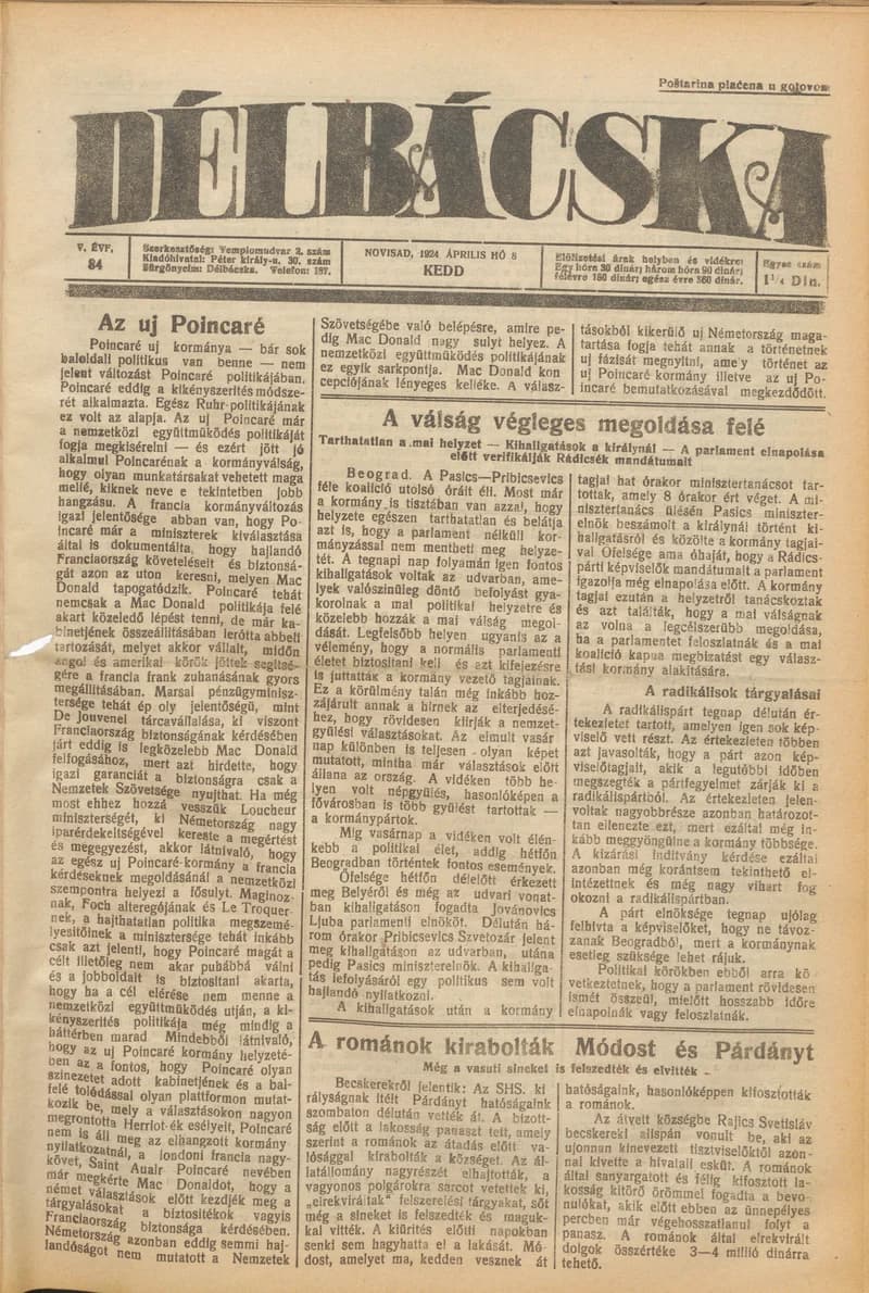 Délbácska, 5. évf. 1924. április 8. 84. sz.