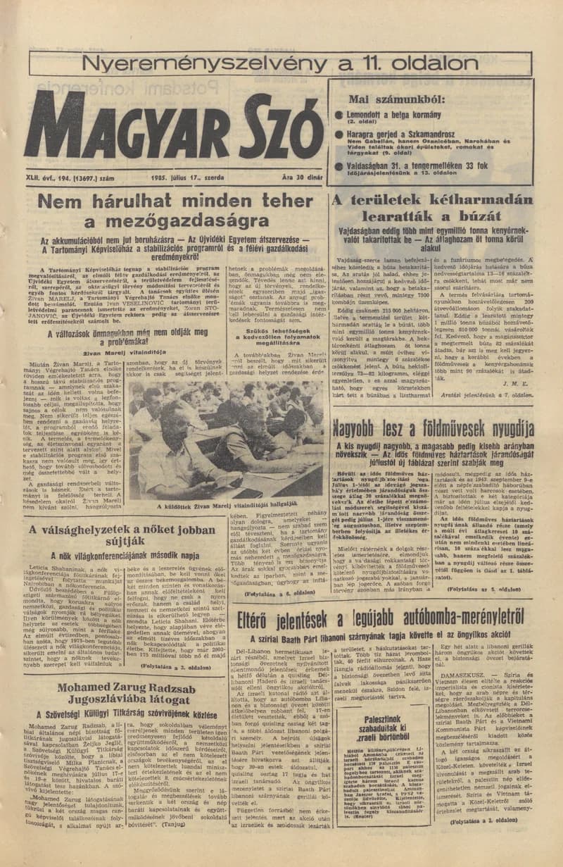 Magyar Szó, 42. évf. 1985. július 17. 194. sz. 1–16. oldal