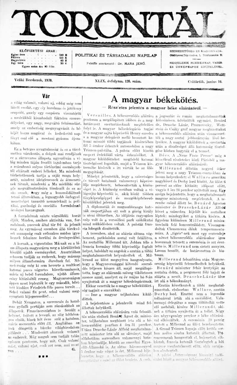 Torontál, 49. évf. 1920. június 10. 126. sz.