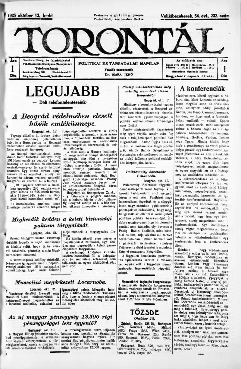 Torontál, 54. évf. 1925. október 13. 232. sz.