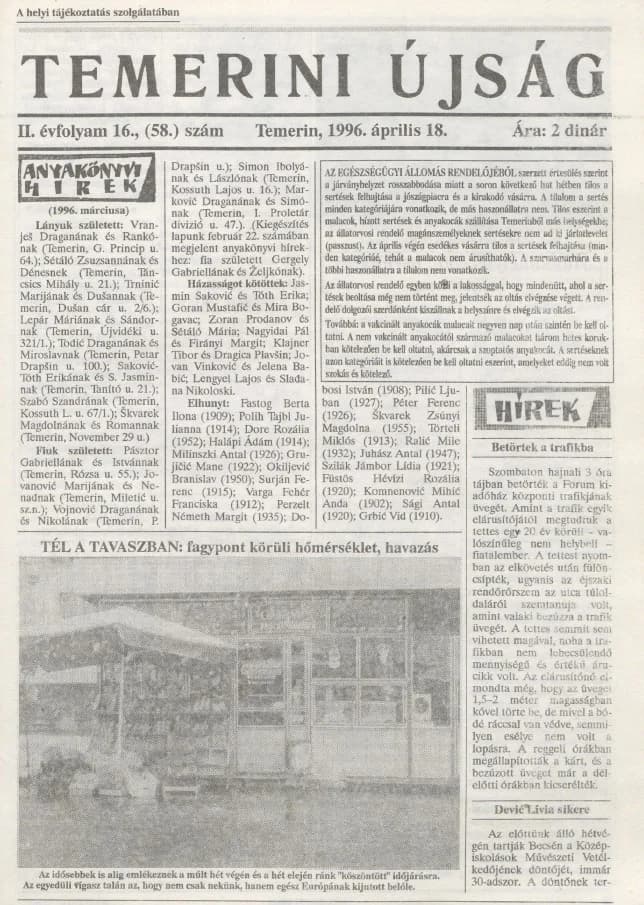 Temerini Újság, 2. évf. 1996. április 18. 16. sz.