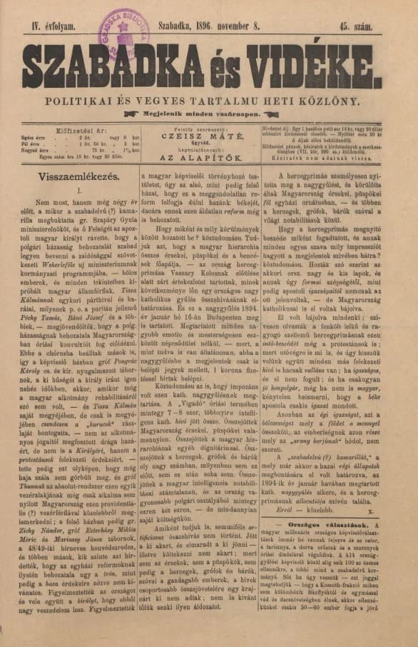 Szabadka és vidéke II, 4. évf. 1896. november 8. 45. sz.