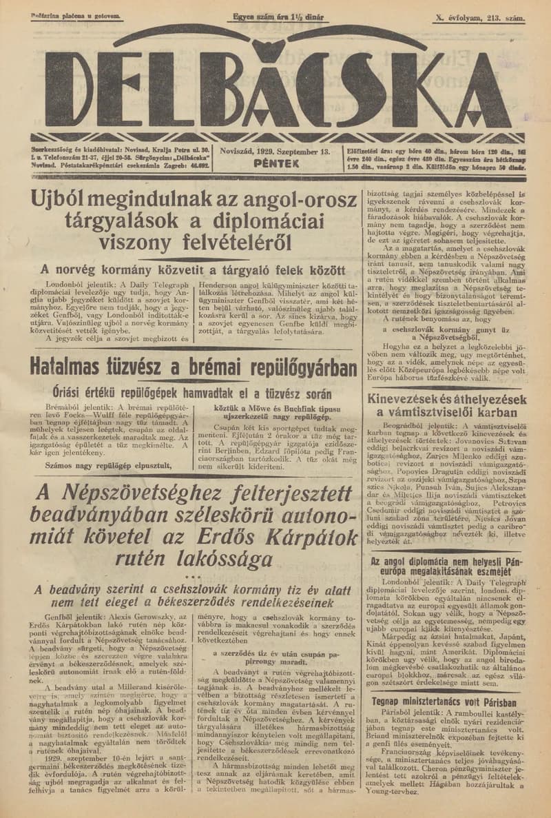 Délbácska, 10. évf. 1929. szeptember 13. 213. sz.