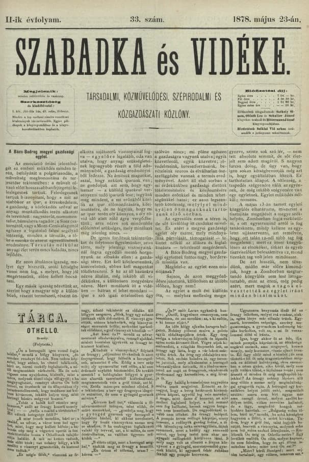 Szabadka és vidéke, 2. évf. 1878. május 23. 33. sz.