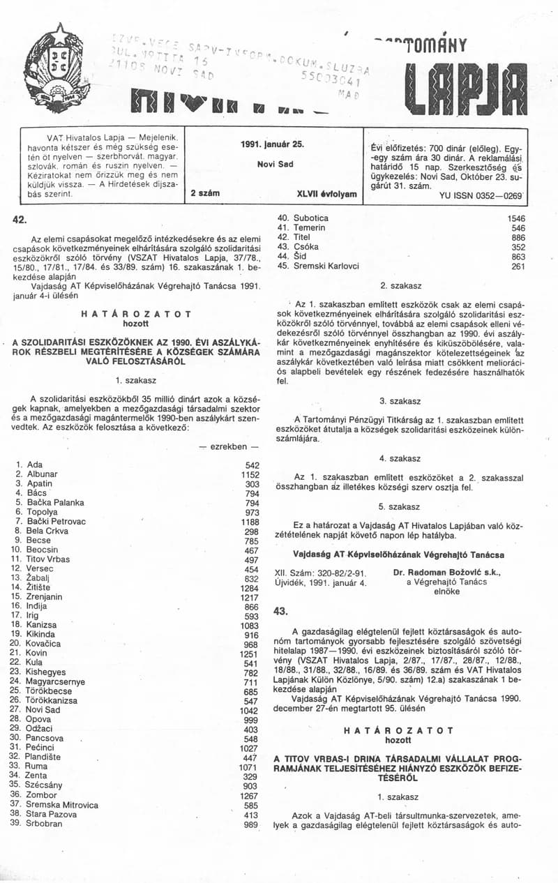 Vajdaság Szocialista Autonóm Tartomány Hivatalos Lapja, 47. évf. 1991. január 25. 2. sz.