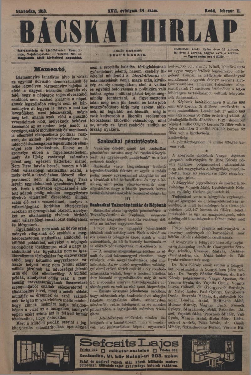 Bácskai Hirlap, 17. évf. 1913. február 11. 34. sz.
