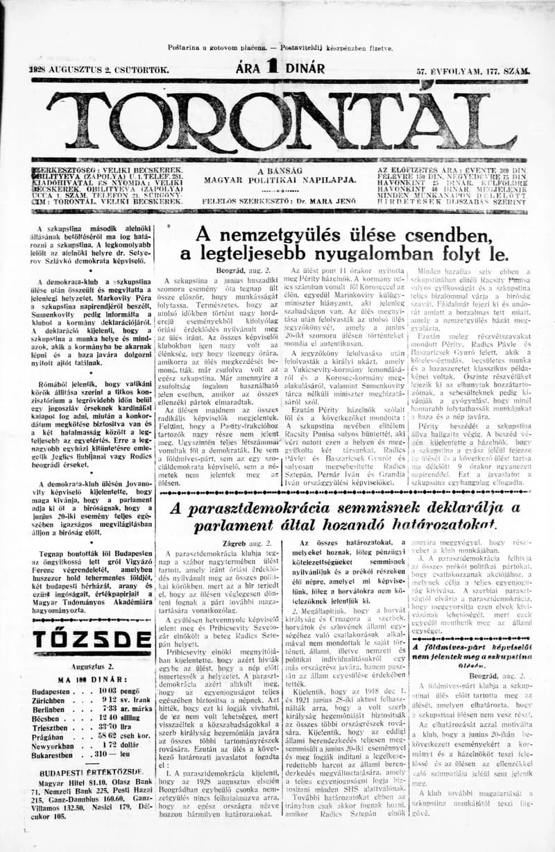 Torontál, 57. évf. 1928. augusztus 2. 177. sz.