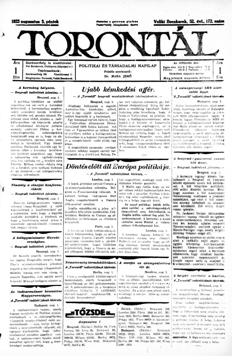 Torontál, 52. évf. 1923. augusztus 3. 172. sz.