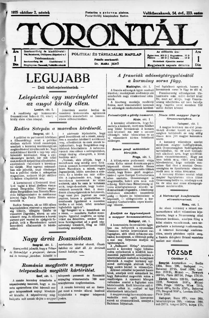 Torontál, 54. évf. 1925. október 2. 223. sz.