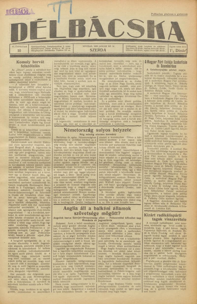Délbácska, 6. évf. 1925. január 14. 10. sz.