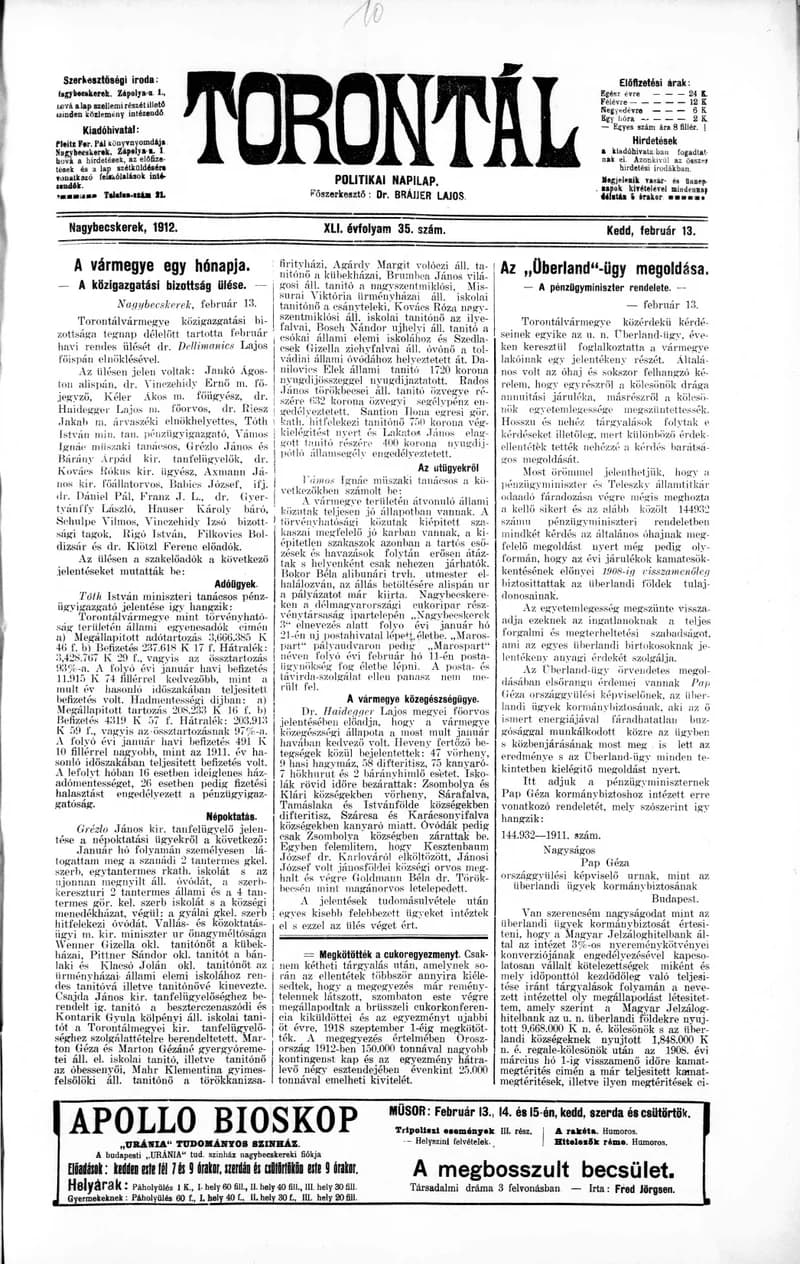 Torontál, 41. évf. 1912. február 13. 35. sz.