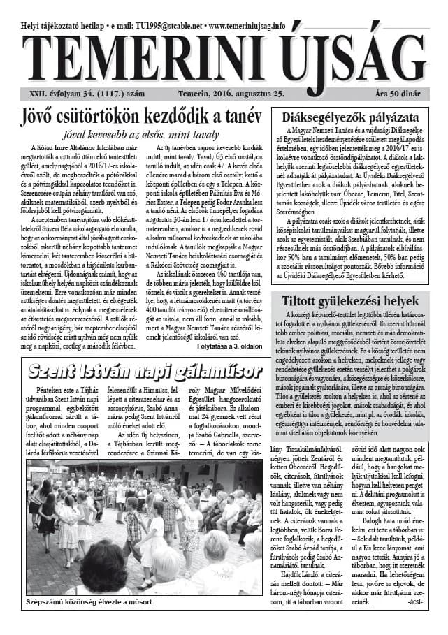Temerini Újság, 22. évf. 2016. augusztus 25. 34. sz.