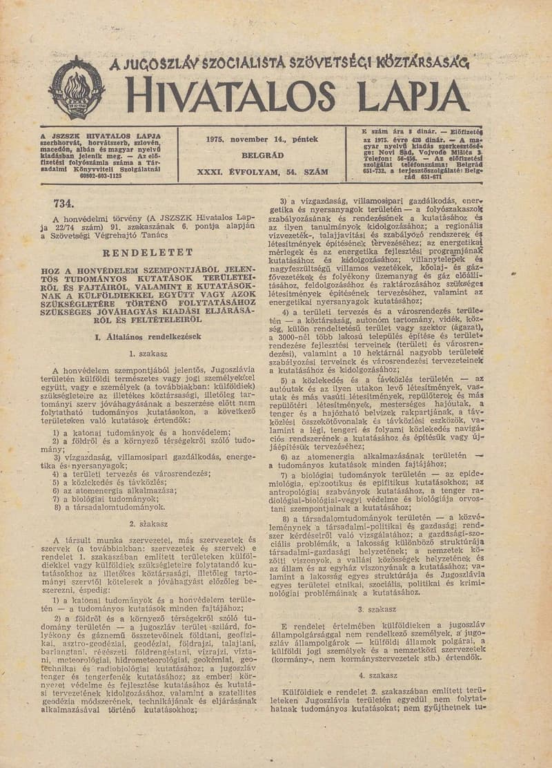 A Jugoszláv Szocialista Szövetségi Köztársaság Hivatalos Lapja, 31. évf. 1975. november 14. 54. sz. 1461–1480. oldal