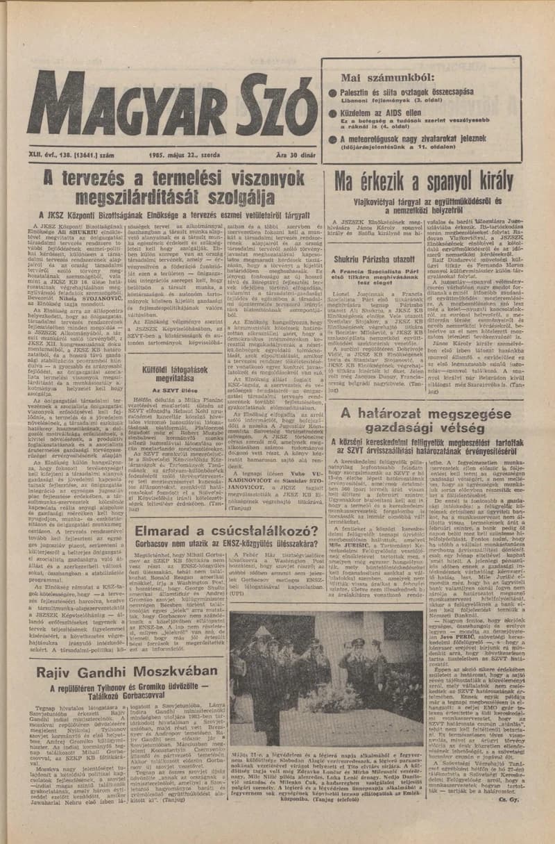 Magyar Szó, 42. évf. 1985. május 22. 138. sz. 1–16. oldal