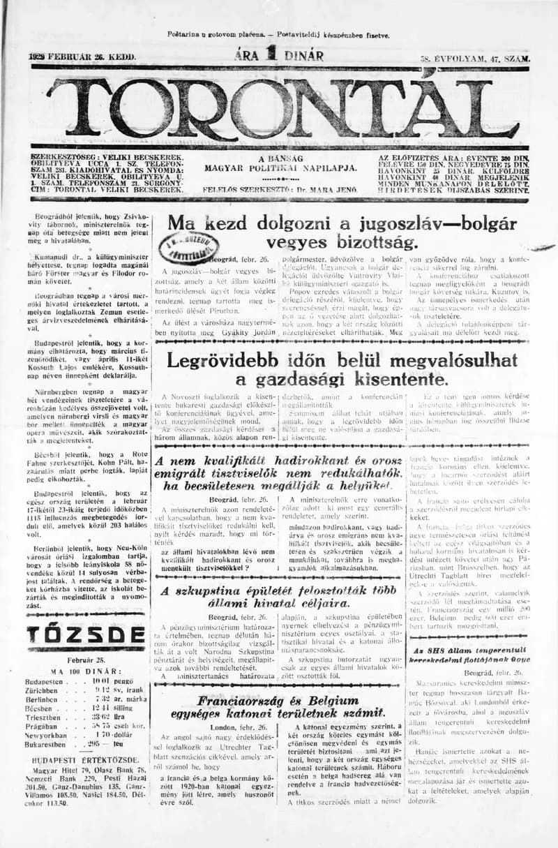 Torontál, 58. évf. 1929. február 26. 47. sz.