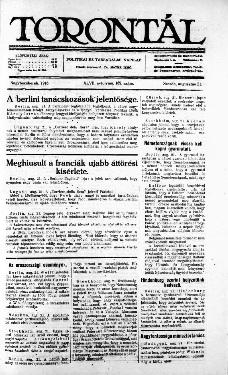 Torontál, 47. évf. 1918. augusztus 21. 189. sz.