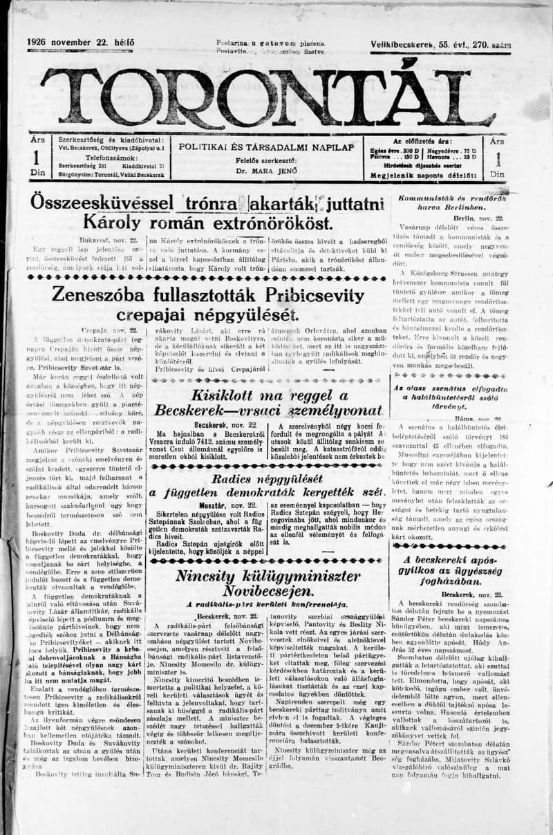 Torontál, 55. évf. 1926. november 22. 270. sz.