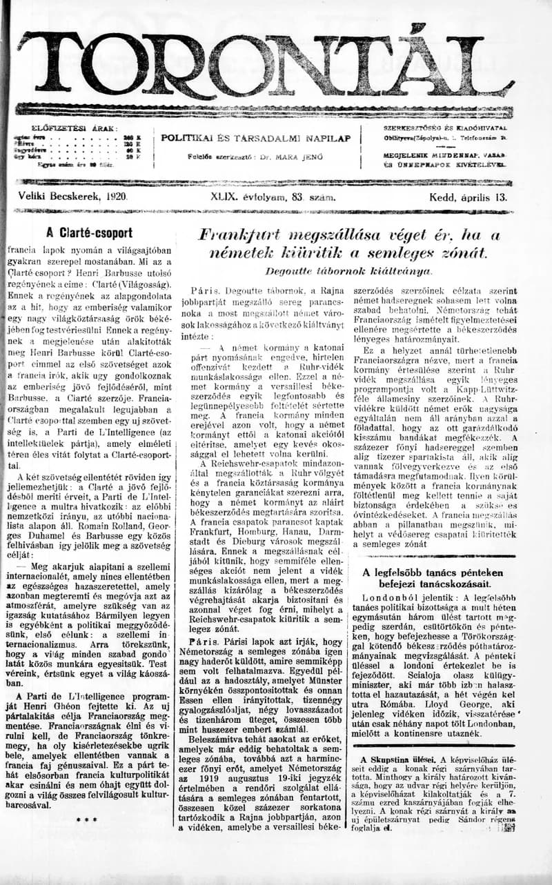 Torontál, 49. évf. 1920. április 13. 83. sz.