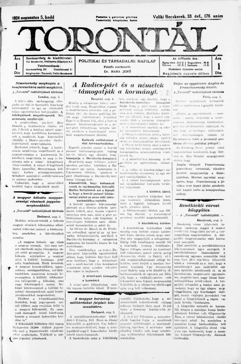 Torontál, 53. évf. 1924. augusztus 5. 176. sz.