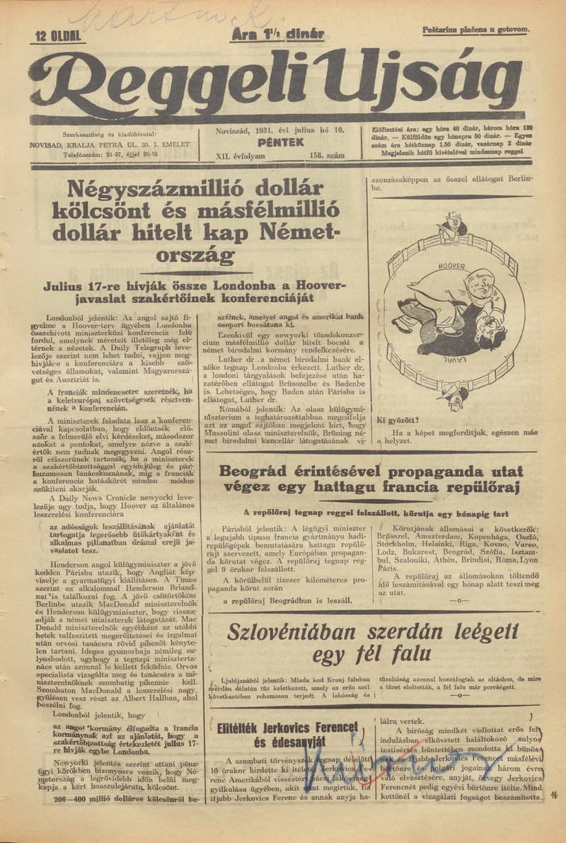 Reggeli Újság, 12. évf. 1931. július 10. 158. sz.