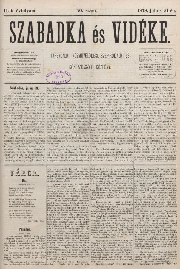 Szabadka és vidéke, 2. évf. 1878. július 21. 50. sz.