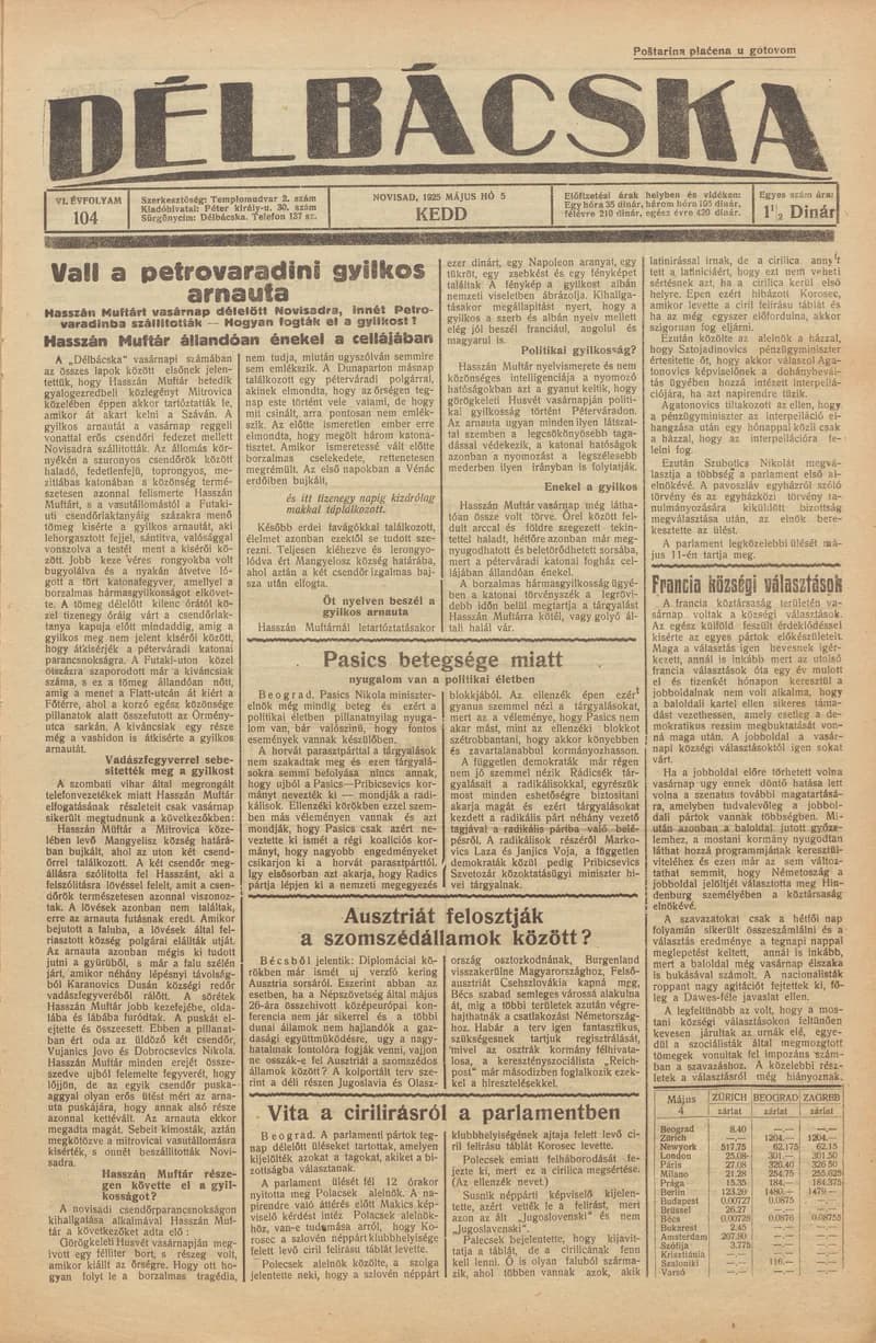 Délbácska, 6. évf. 1925. május 5. 104. sz.