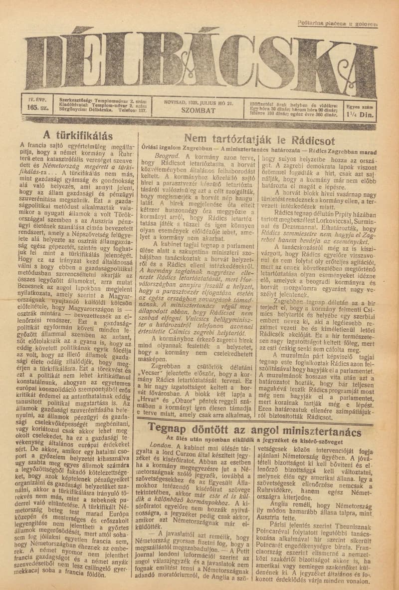 Délbácska, 4. évf. 1923. július 21. 165. sz.