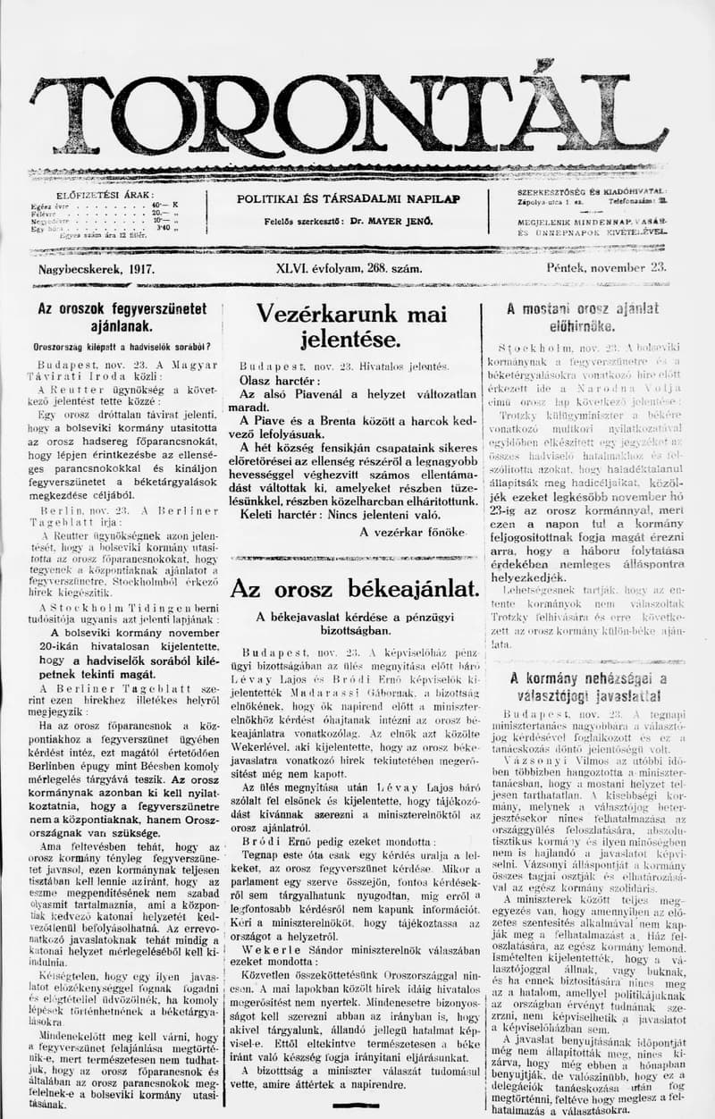 Torontál, 46. évf. 1917. november 23. 268. sz.