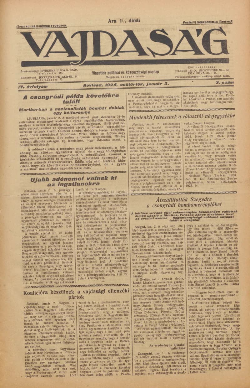 Vajdaság, 4. évf. 1924. január 3. 2. sz.