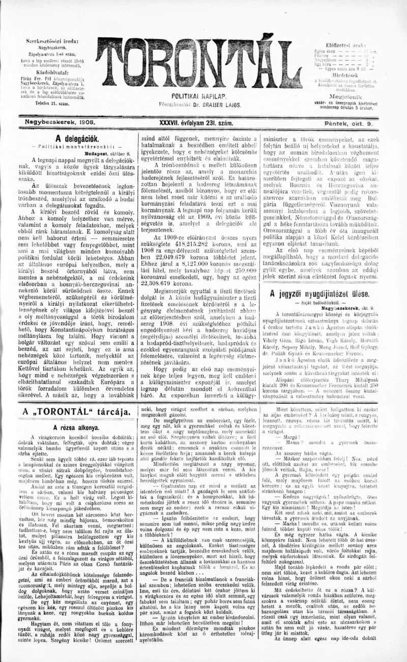 Torontál, 37. évf. 1908. október 9. 231. sz.