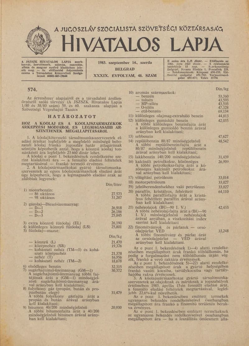 A Jugoszláv Szocialista Szövetségi Köztársaság Hivatalos Lapja, 39. évf. 1983. szeptember 14. 48. sz. 1369–1372. oldal