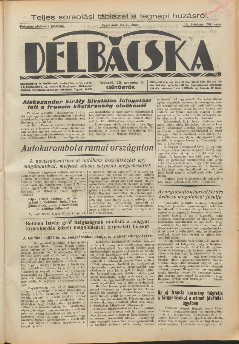 Délbácska, 9. évf. 1928. november 15. 267. sz.