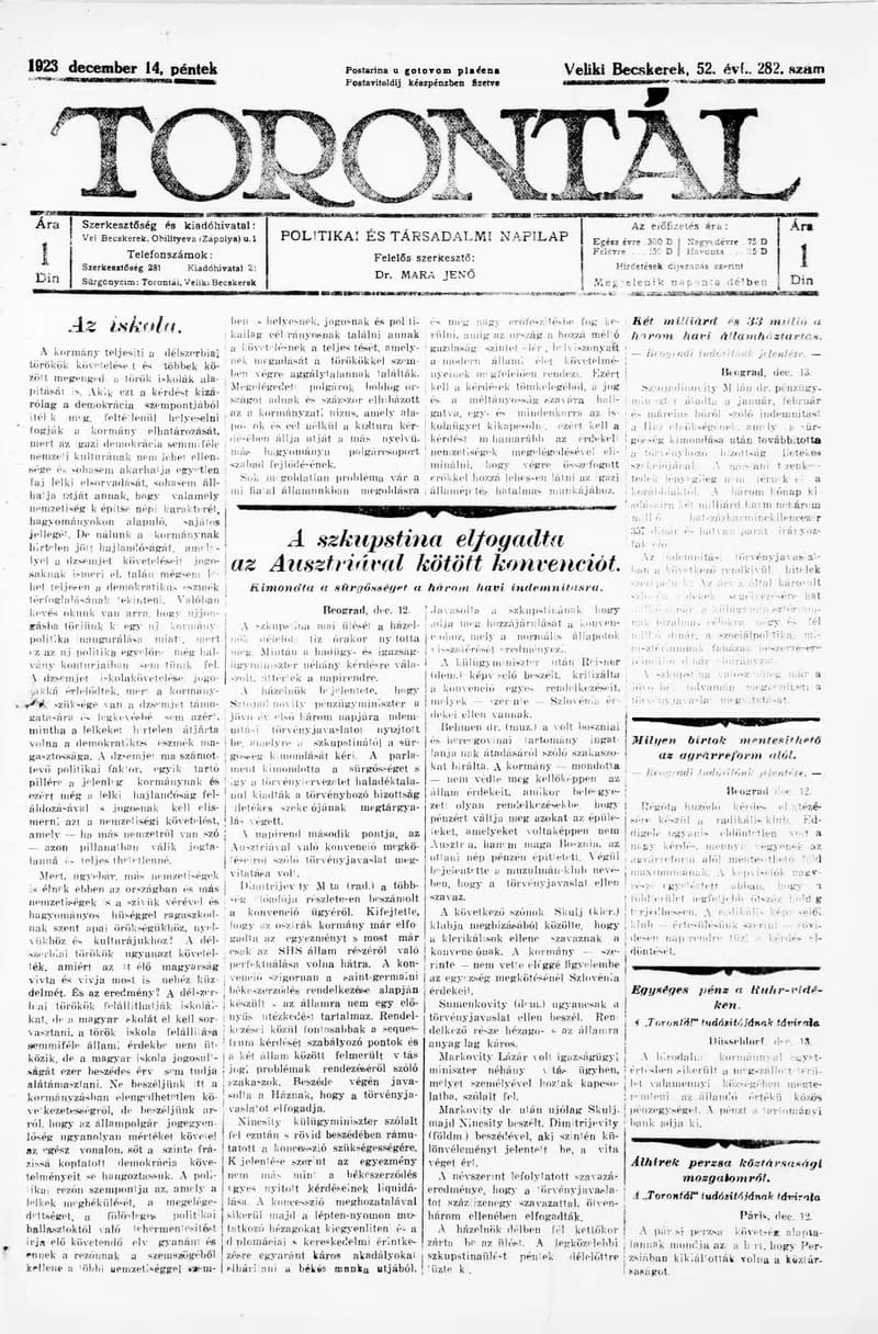 Torontál, 52. évf. 1923. december 14. 282. sz.