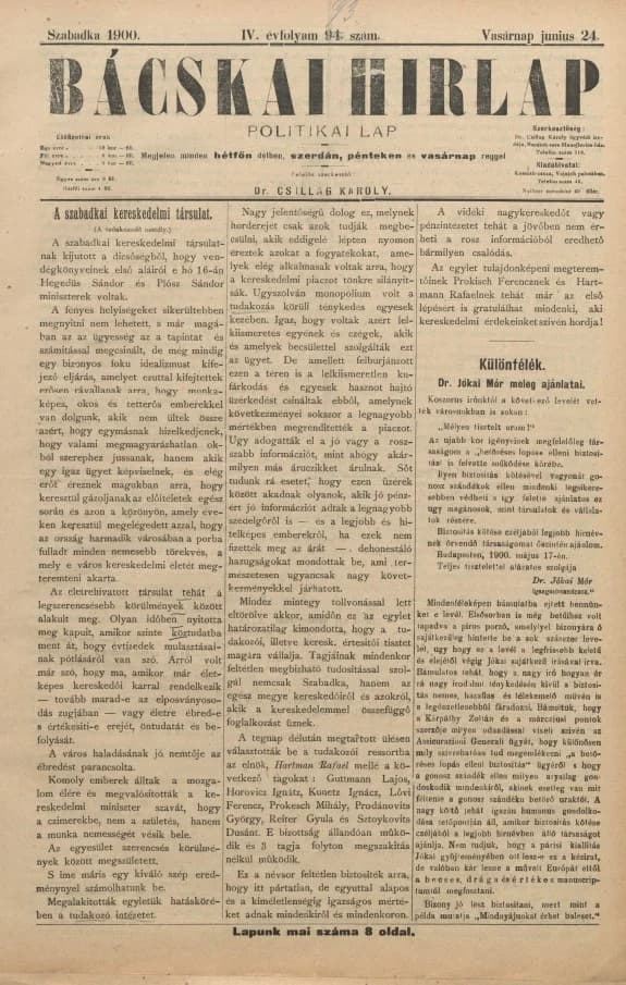 Bácskai Hirlap, 4. évf. 1900. június 24. 93. sz.