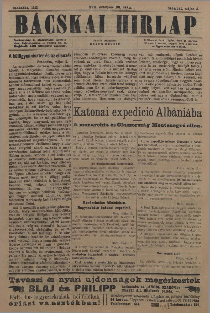 Bácskai Hirlap, 17. évf. 1913. május 3. 101. sz.