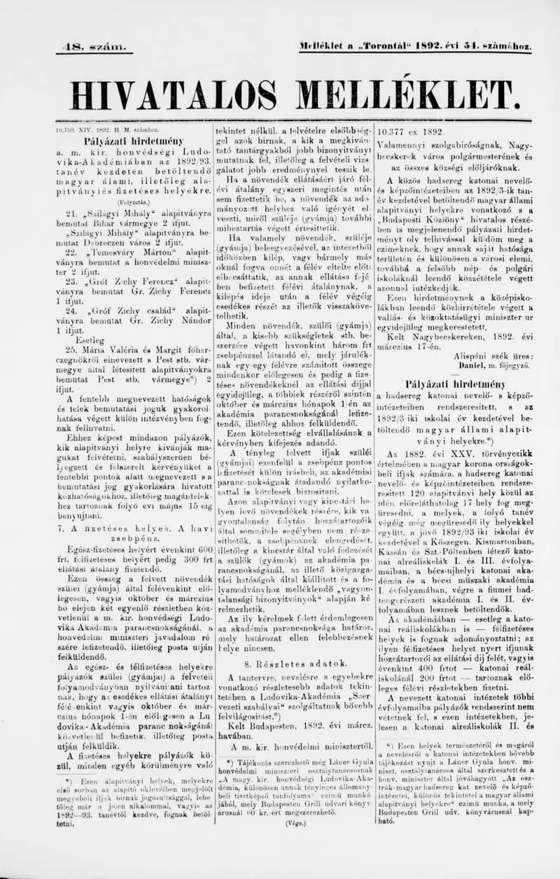 A Totontál  hivatalos melléklete, 5. évf. 1892. március 30. 48. sz.