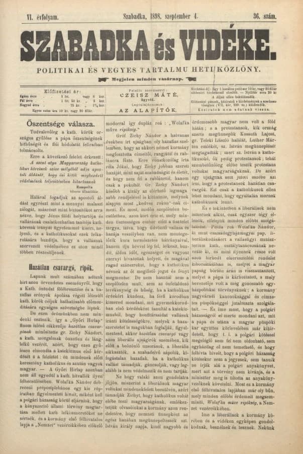 Szabadka és vidéke II, 6. évf. 1898. szeptember 4. 36. sz.